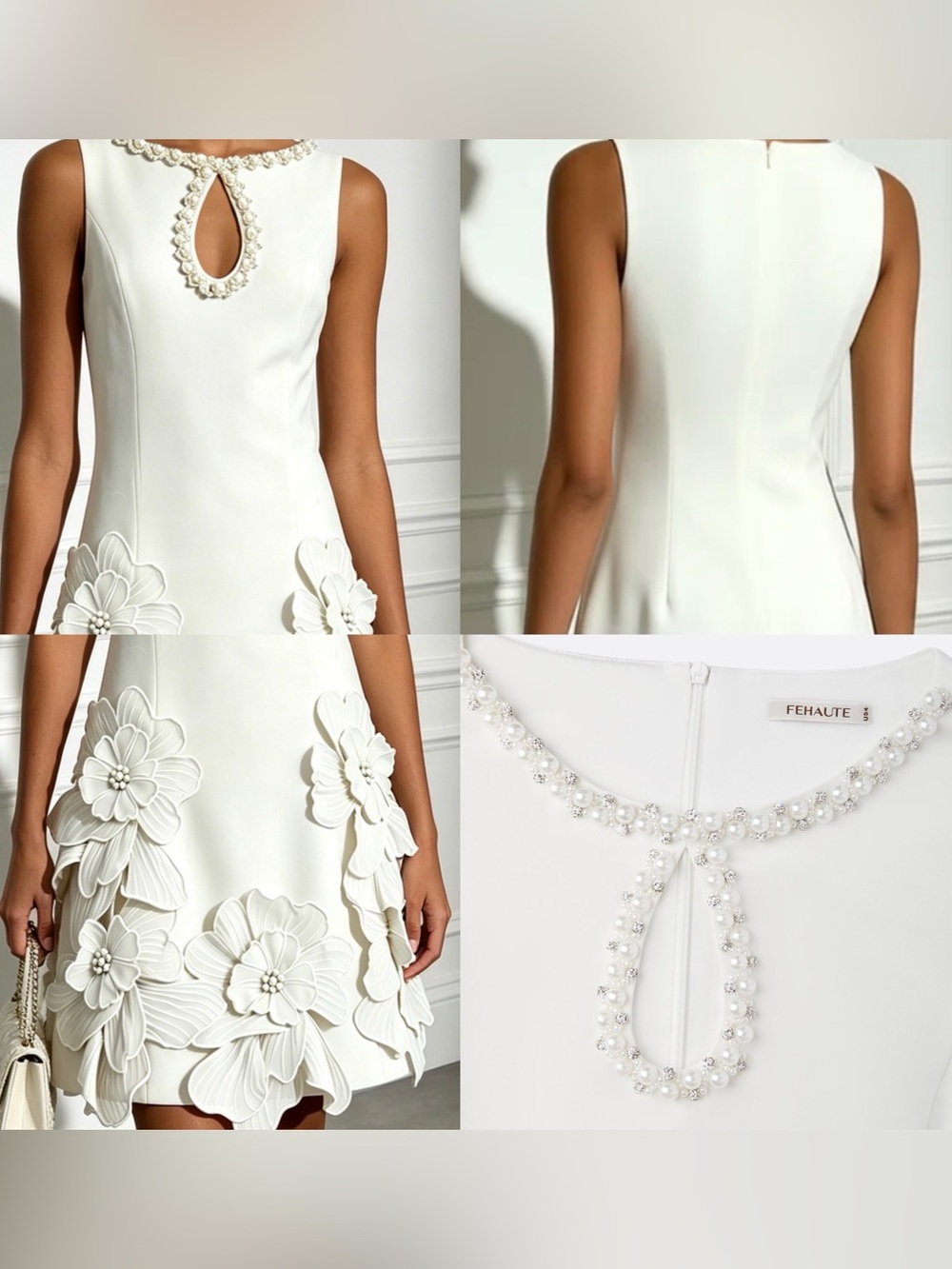Fehaute Pearl-Trim Floral A-Line Dress